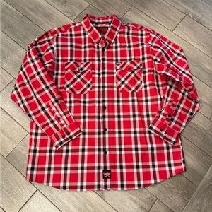 DIXXON Men’s Red Black White Plaid Button-Down Shirt